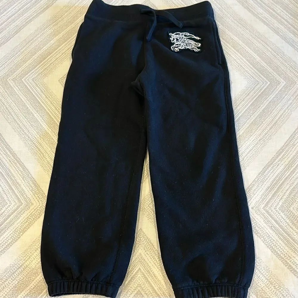 BURBERRY Boys Black Logo Sweatpants with Signature Plaid Trim in Pockets Size 5Y